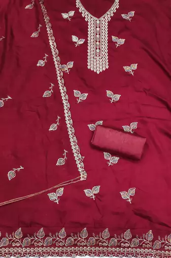 red silk blend embroidered unstitched dressmaterials 3 pair top bottom dupptaa