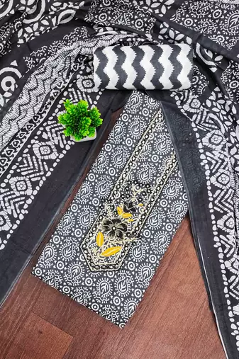 black cotton blend embroidered unstitched dressmaterials 3 pair top bottom dupptaa