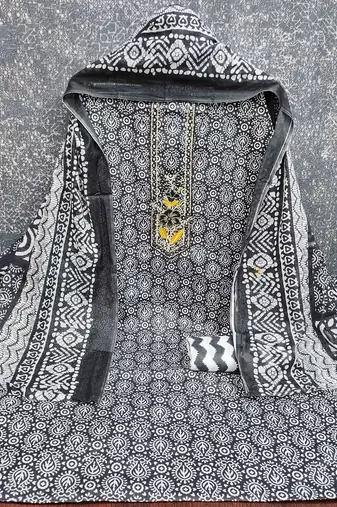 black cotton blend embroidered unstitched dressmaterials 3 pair top bottom dupptaa