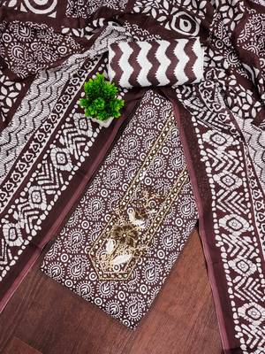 Brown cotton embroidered unstitched dressmaterials 3 pair top bottom dupptaa 1