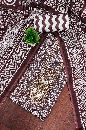 brown cotton blend embroidered unstitched dressmaterials 3 pair top bottom dupptaa