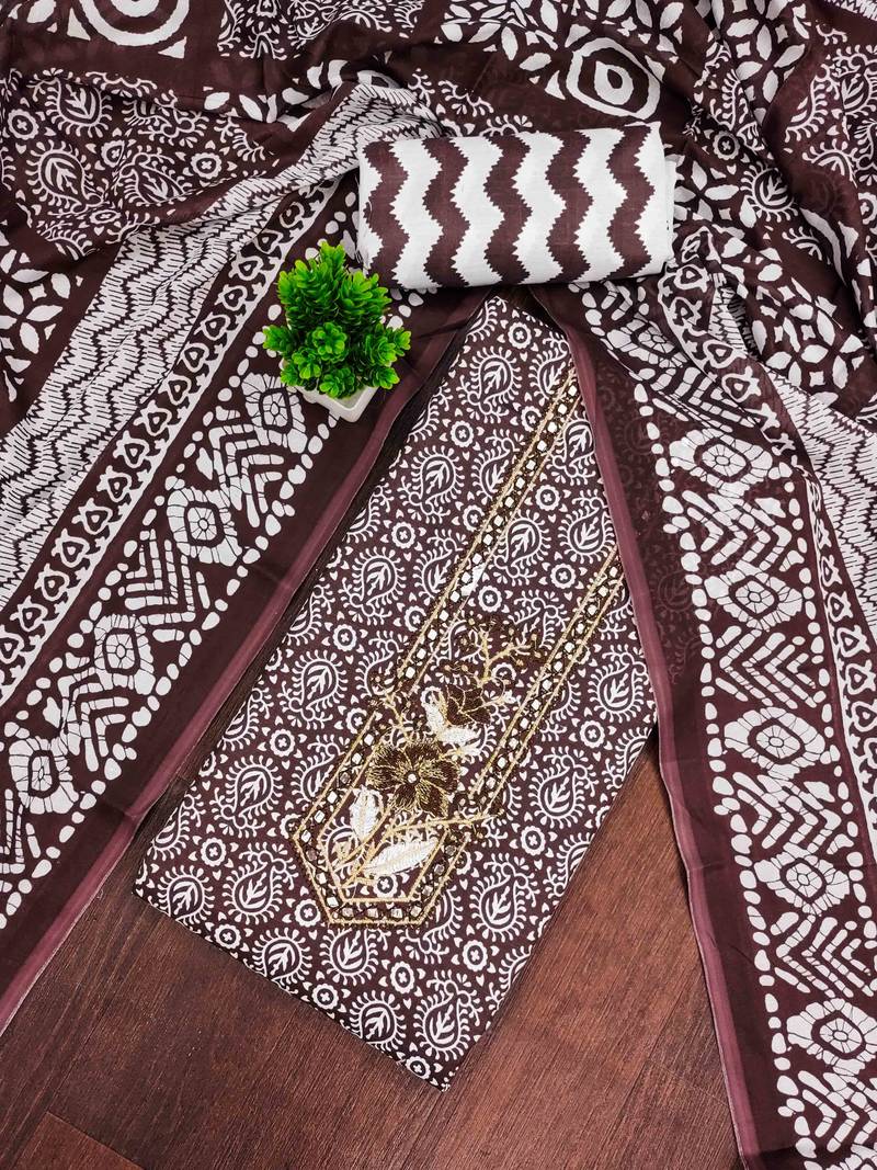 Brown cotton embroidered unstitched dressmaterials 3 pair top bottom dupptaa