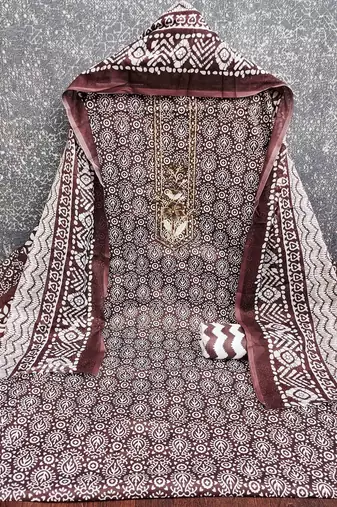 brown cotton blend embroidered unstitched dressmaterials 3 pair top bottom dupptaa