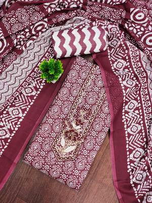 Maroon cotton embroidered unstitched dressmaterials 3 pair top bottom dupptaa 1