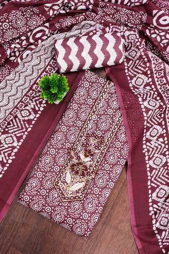 Maroon cotton embroidered unstitched dressmaterials 3 pair top bottom dupptaa