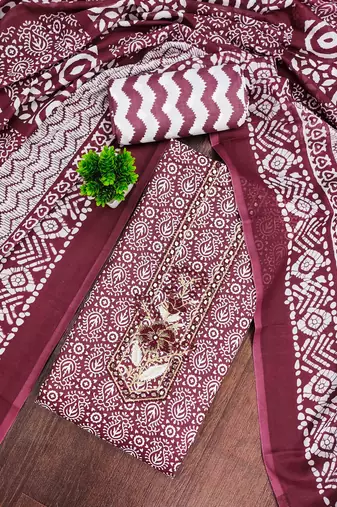 maroon cotton blend embroidered unstitched dressmaterials 3 pair top bottom dupptaa