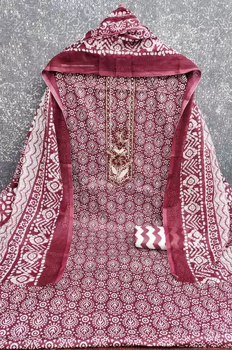 maroon cotton blend embroidered unstitched dressmaterials 3 pair top bottom dupptaa