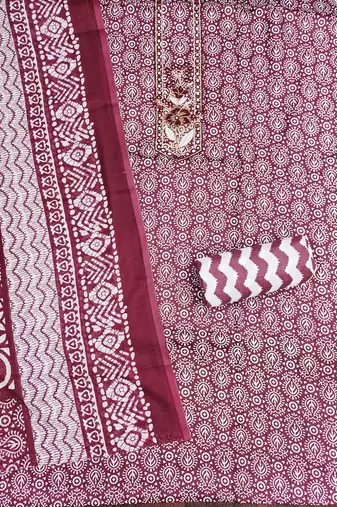 maroon cotton blend embroidered unstitched dressmaterials 3 pair top bottom dupptaa