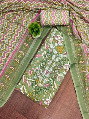 green cotton blend embroidered unstitched dressmaterials 3 pair top bottom dupptaa 1