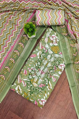 green cotton blend embroidered unstitched dressmaterials 3 pair top bottom dupptaa