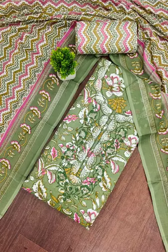 green cotton blend embroidered unstitched dressmaterials 3 pair top bottom dupptaa