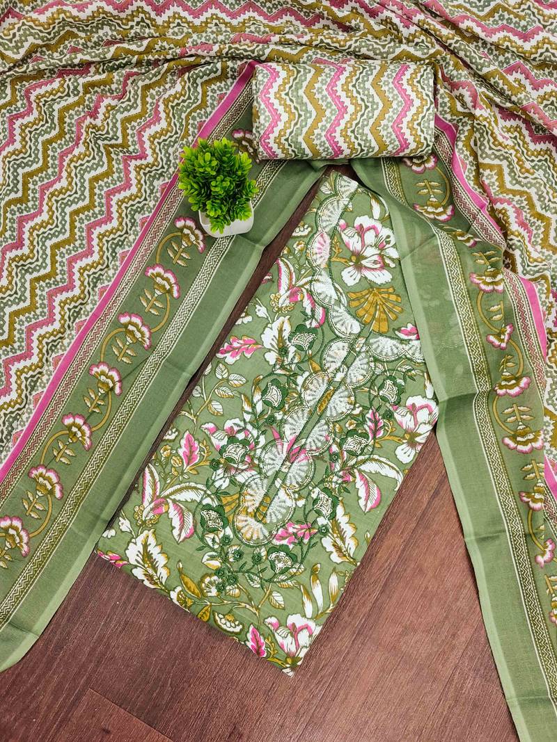 green cotton blend embroidered unstitched dressmaterials 3 pair top bottom dupptaa
