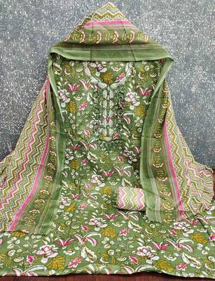 green cotton blend embroidered unstitched dressmaterials 3 pair top bottom dupptaa 2