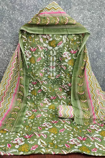 green cotton blend embroidered unstitched dressmaterials 3 pair top bottom dupptaa