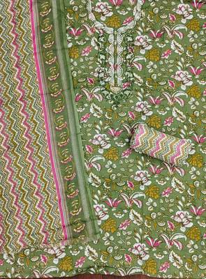 green cotton blend embroidered unstitched dressmaterials 3 pair top bottom dupptaa 3