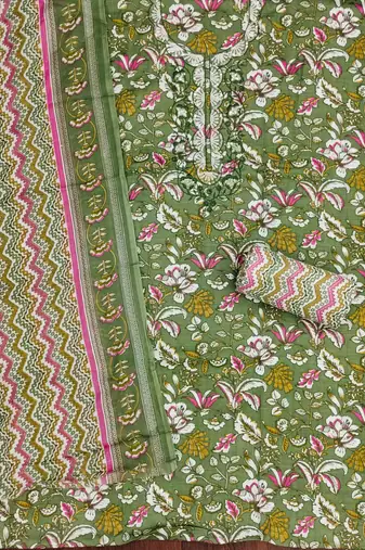 green cotton blend embroidered unstitched dressmaterials 3 pair top bottom dupptaa