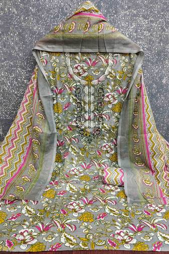 grey cotton blend embroidered unstitched dressmaterials 3 pair top bottom dupptaa
