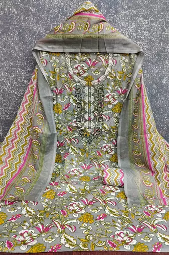grey cotton blend embroidered unstitched dressmaterials 3 pair top bottom dupptaa