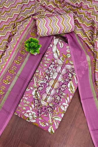pink cotton blend embroidered unstitched dressmaterials 3 pair top bottom dupptaa