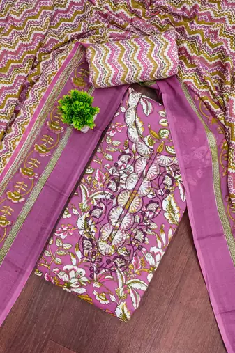 pink cotton blend embroidered unstitched dressmaterials 3 pair top bottom dupptaa