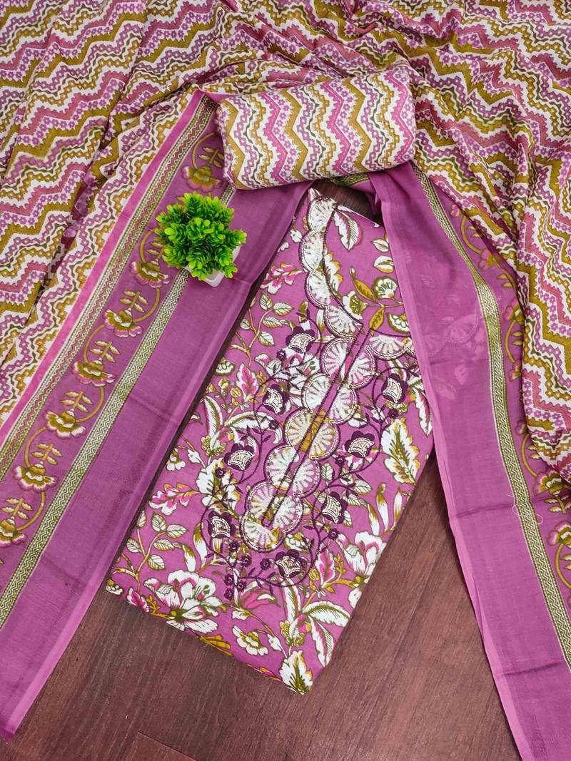 pink cotton blend embroidered unstitched dressmaterials 3 pair top bottom dupptaa