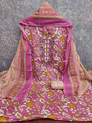 pink cotton blend embroidered unstitched dressmaterials 3 pair top bottom dupptaa 2