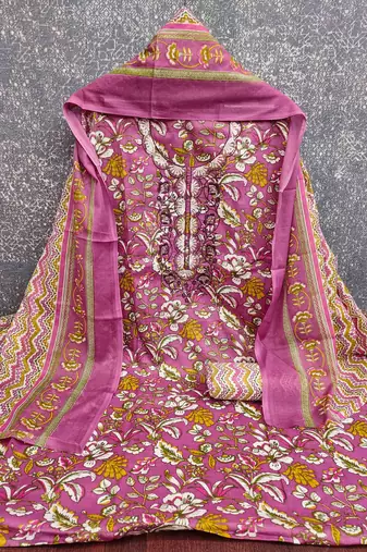pink cotton blend embroidered unstitched dressmaterials 3 pair top bottom dupptaa