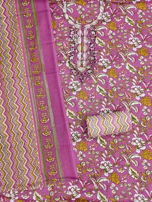 pink cotton blend embroidered unstitched dressmaterials 3 pair top bottom dupptaa 3