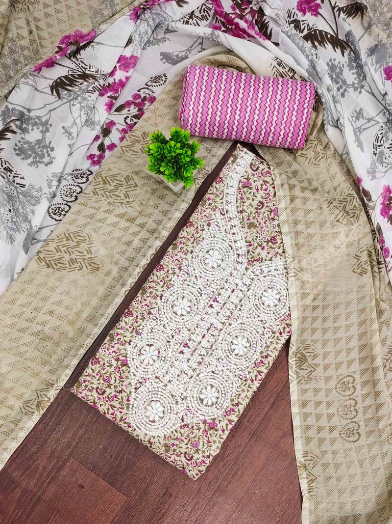pink cotton blend embroidered unstitched dressmaterials 3 pair top bottom dupptaa