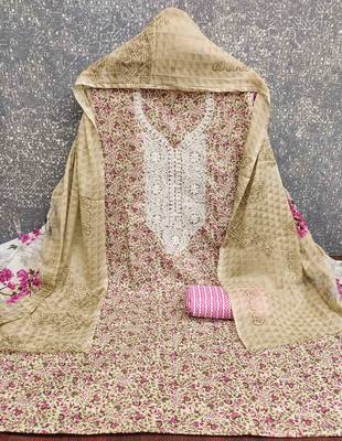 pink cotton blend embroidered unstitched dressmaterials 3 pair top bottom dupptaa 2