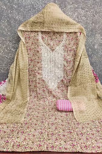 pink cotton blend embroidered unstitched dressmaterials 3 pair top bottom dupptaa