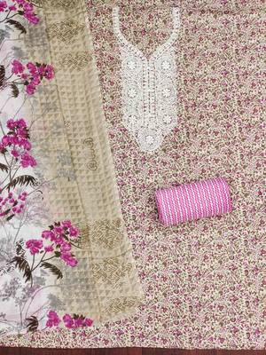 pink cotton blend embroidered unstitched dressmaterials 3 pair top bottom dupptaa 3