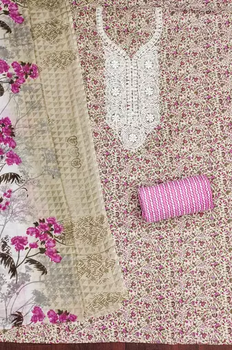 pink cotton blend embroidered unstitched dressmaterials 3 pair top bottom dupptaa