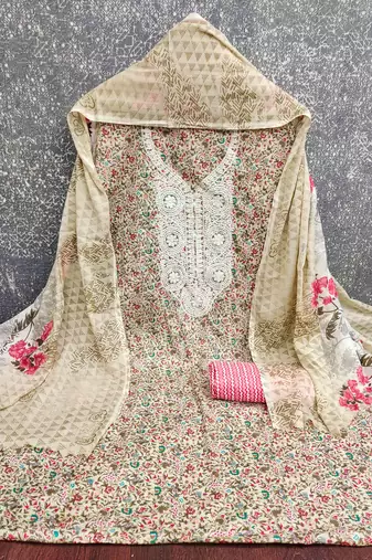 red cotton blend embroidered unstitched dressmaterials 3 pair top bottom dupptaa