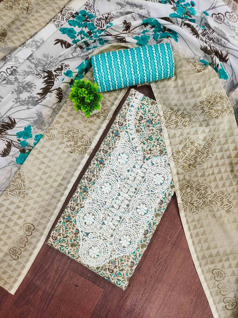 sky cotton blend embroidered unstitched dressmaterials 3 pair top bottom dupptaa