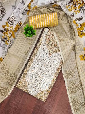 yellow cotton blend embroidered unstitched dressmaterials 3 pair top bottom dupptaa 1