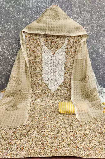 yellow cotton blend embroidered unstitched dressmaterials 3 pair top bottom dupptaa