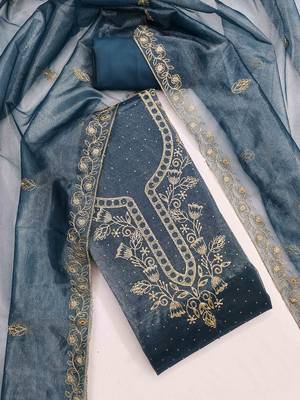 blue organza embroidered unstitched dressmaterials 3 pair top bottom dupptaa 1