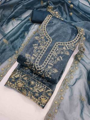 blue organza embroidered unstitched dressmaterials 3 pair top bottom dupptaa 3