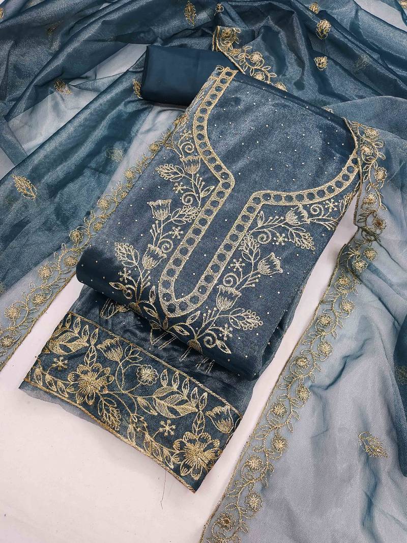 blue organza embroidered unstitched dressmaterials 3 pair top bottom dupptaa