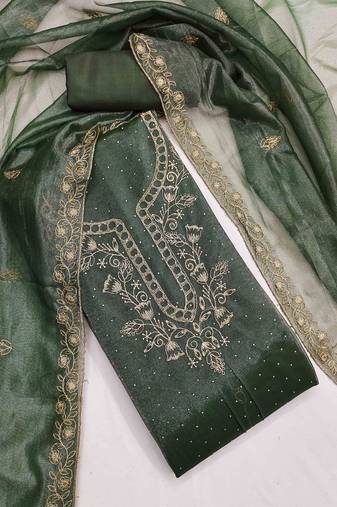 green organza embroidered unstitched dressmaterials 3 pair top bottom dupptaa