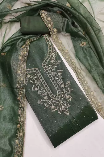 green organza embroidered unstitched dressmaterials 3 pair top bottom dupptaa
