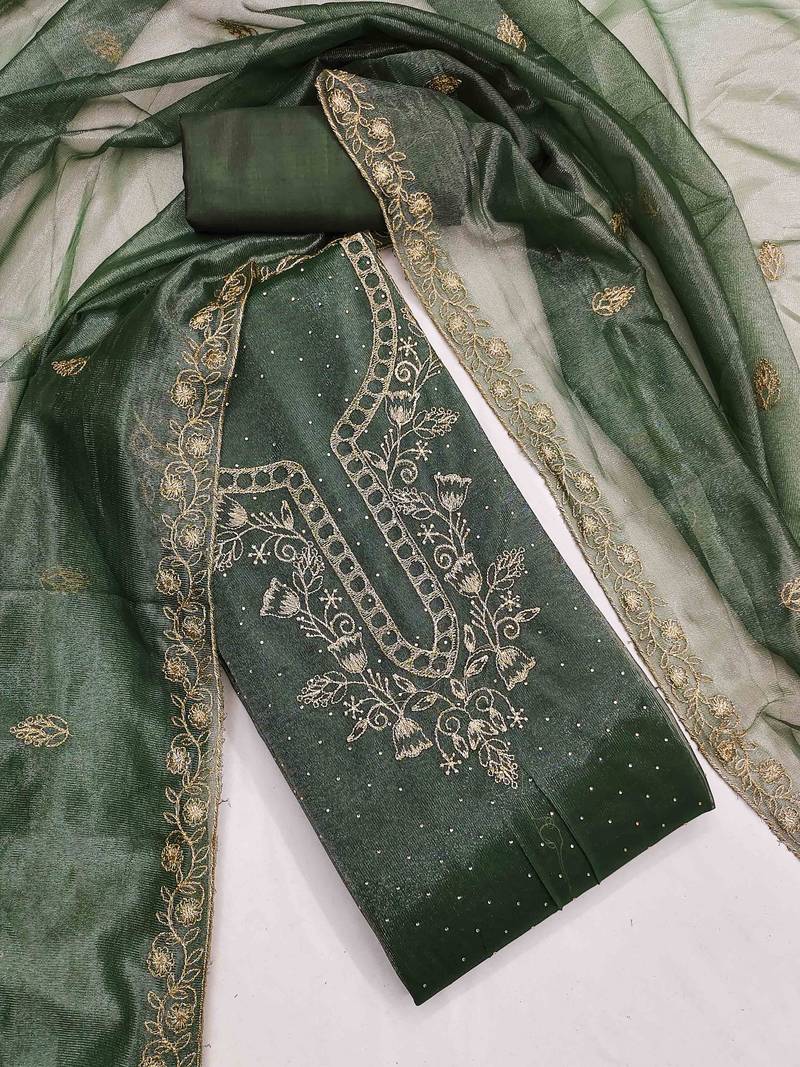 green organza embroidered unstitched dressmaterials 3 pair top bottom dupptaa
