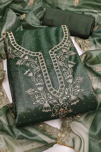 green organza embroidered unstitched dressmaterials 3 pair top bottom dupptaa