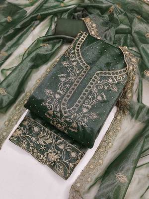 green organza embroidered unstitched dressmaterials 3 pair top bottom dupptaa 3