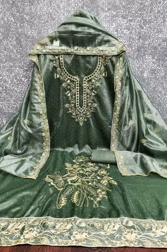 green organza embroidered unstitched dressmaterials 3 pair top bottom dupptaa