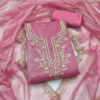 pink organza embroidered unstitched dressmaterials 3 pair top bottom dupptaa 1