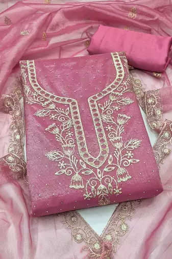 pink organza embroidered unstitched dressmaterials 3 pair top bottom dupptaa