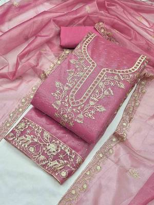 pink organza embroidered unstitched dressmaterials 3 pair top bottom dupptaa 2