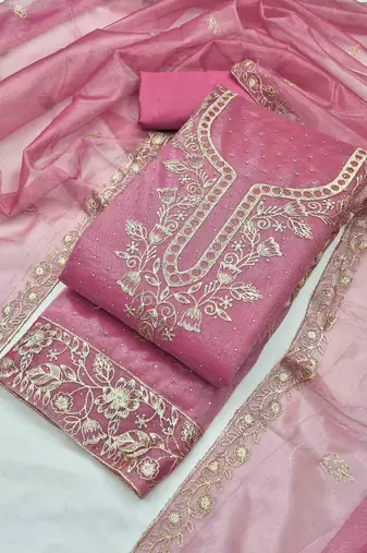 pink organza embroidered unstitched dressmaterials 3 pair top bottom dupptaa